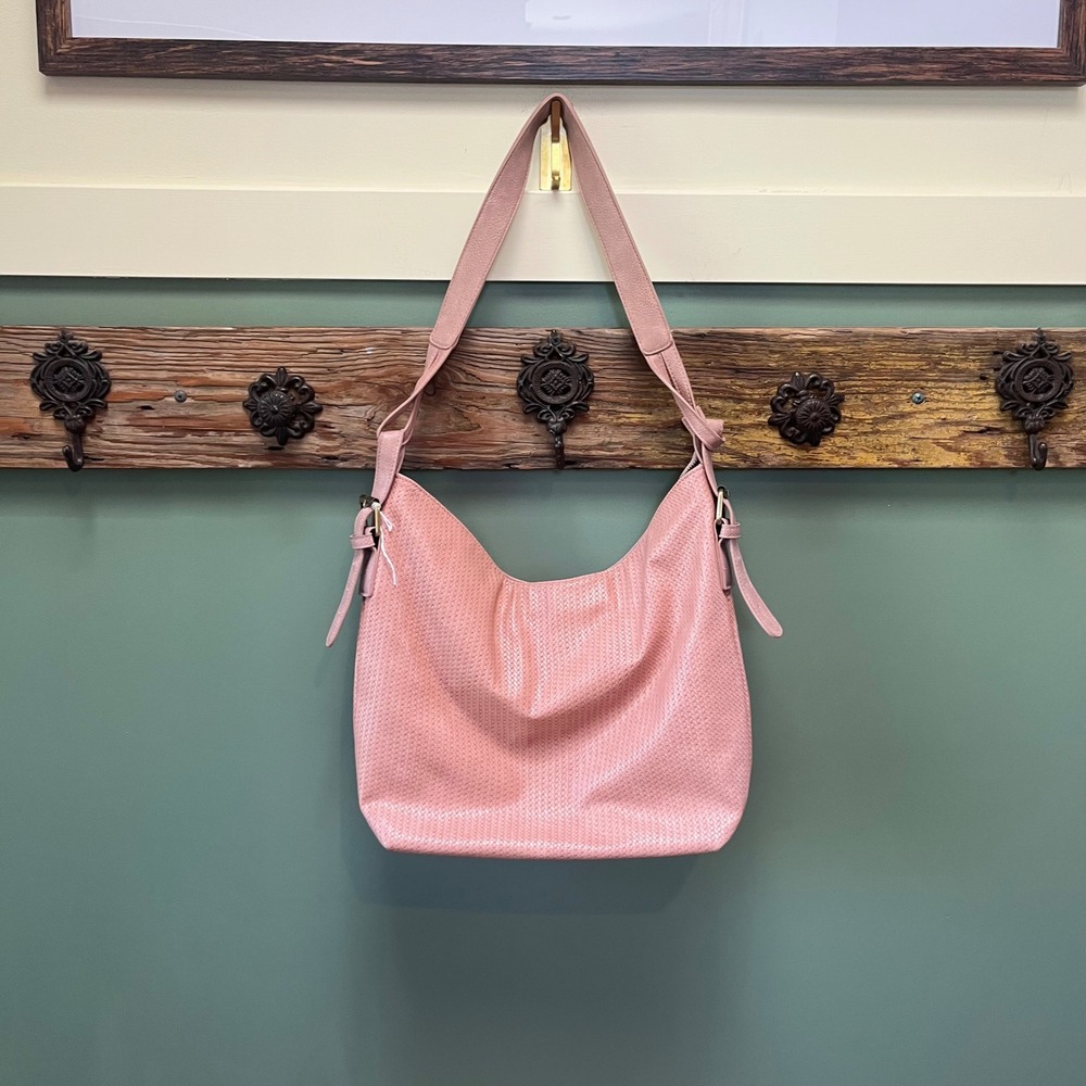 Anthropologie Pink Woven Hobo Shoulder Bag Adjustable Strap Brass Hardware